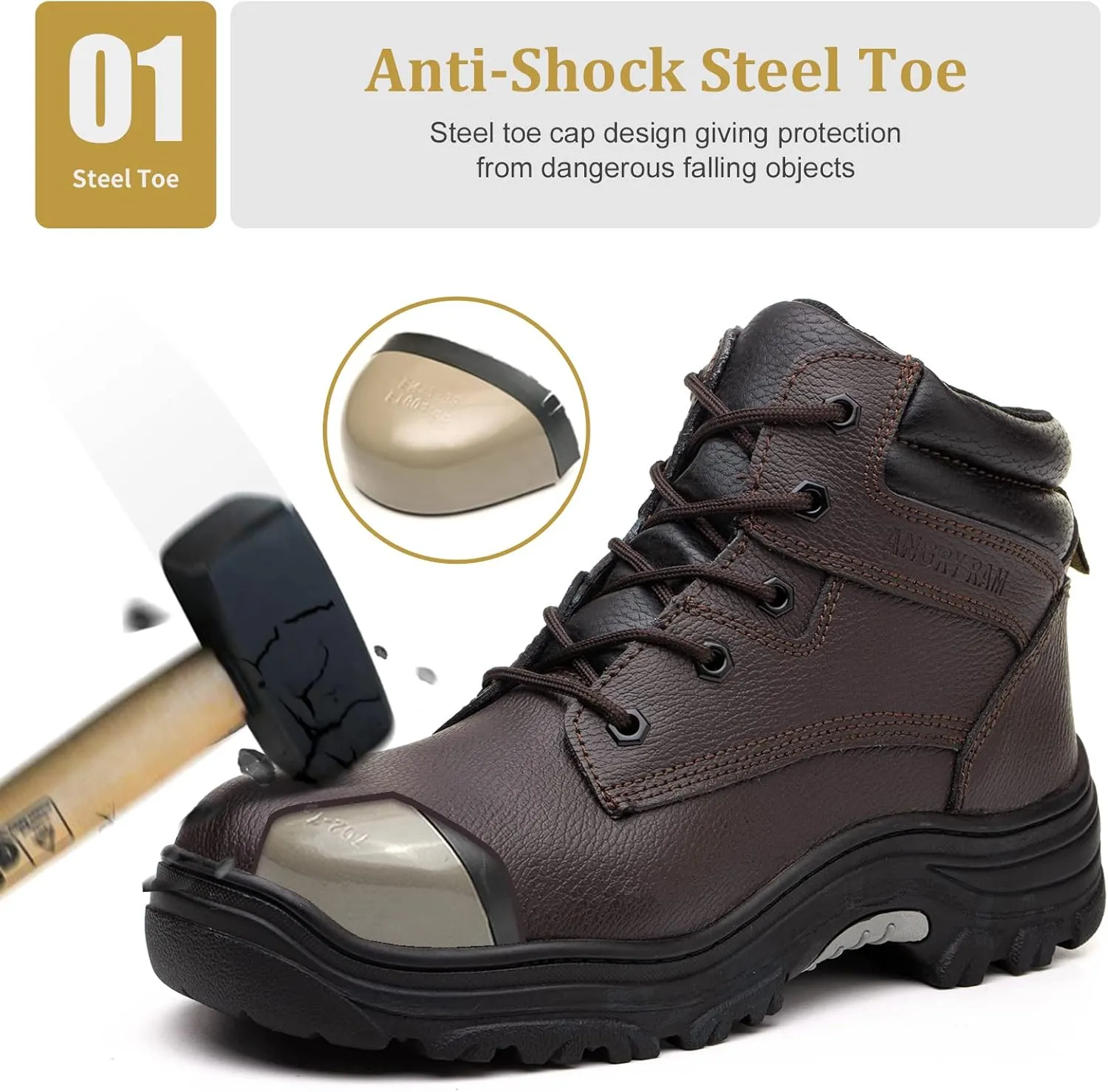 ANGRYRAM Work Boots for Men Steel Toe Boots Lightweight Indestructible Construction Safety Boots