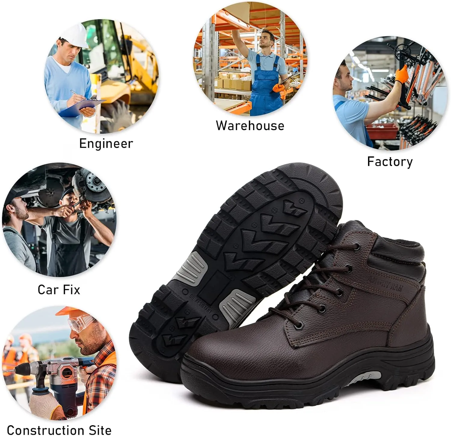 ANGRYRAM Work Boots for Men Steel Toe Boots Lightweight Indestructible Construction Safety Boots