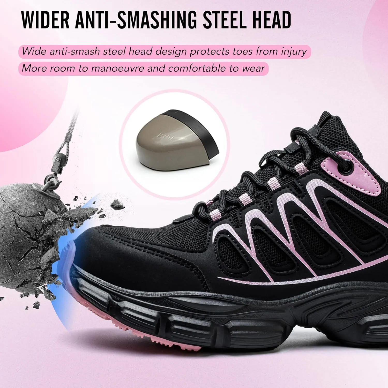 Asiman Steel Toe Shoes for Women Pink Safety Toe Shoes Breathable Lightweight Composite Work Sneakers