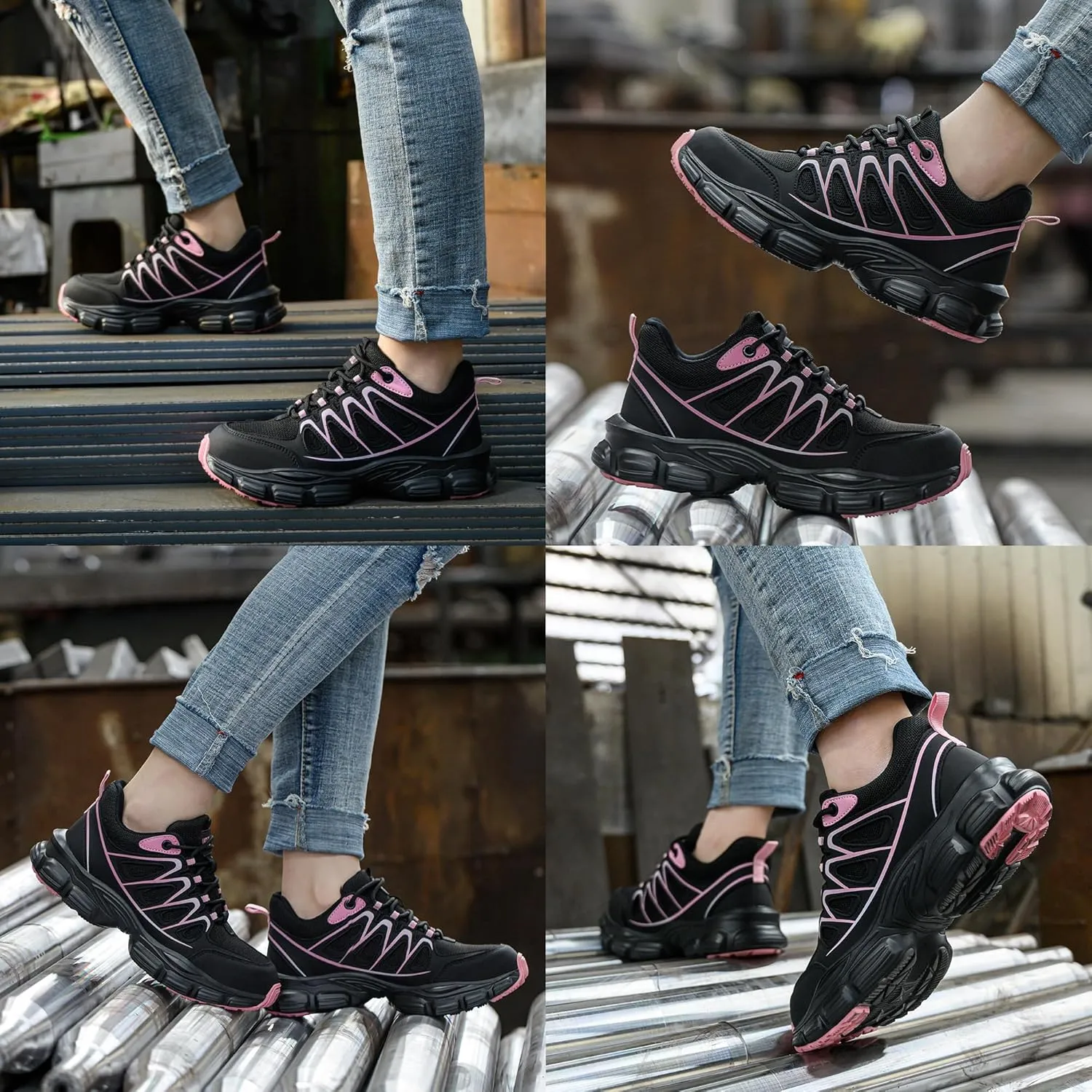 Asiman Steel Toe Shoes for Women Pink Safety Toe Shoes Breathable Lightweight Composite Work Sneakers