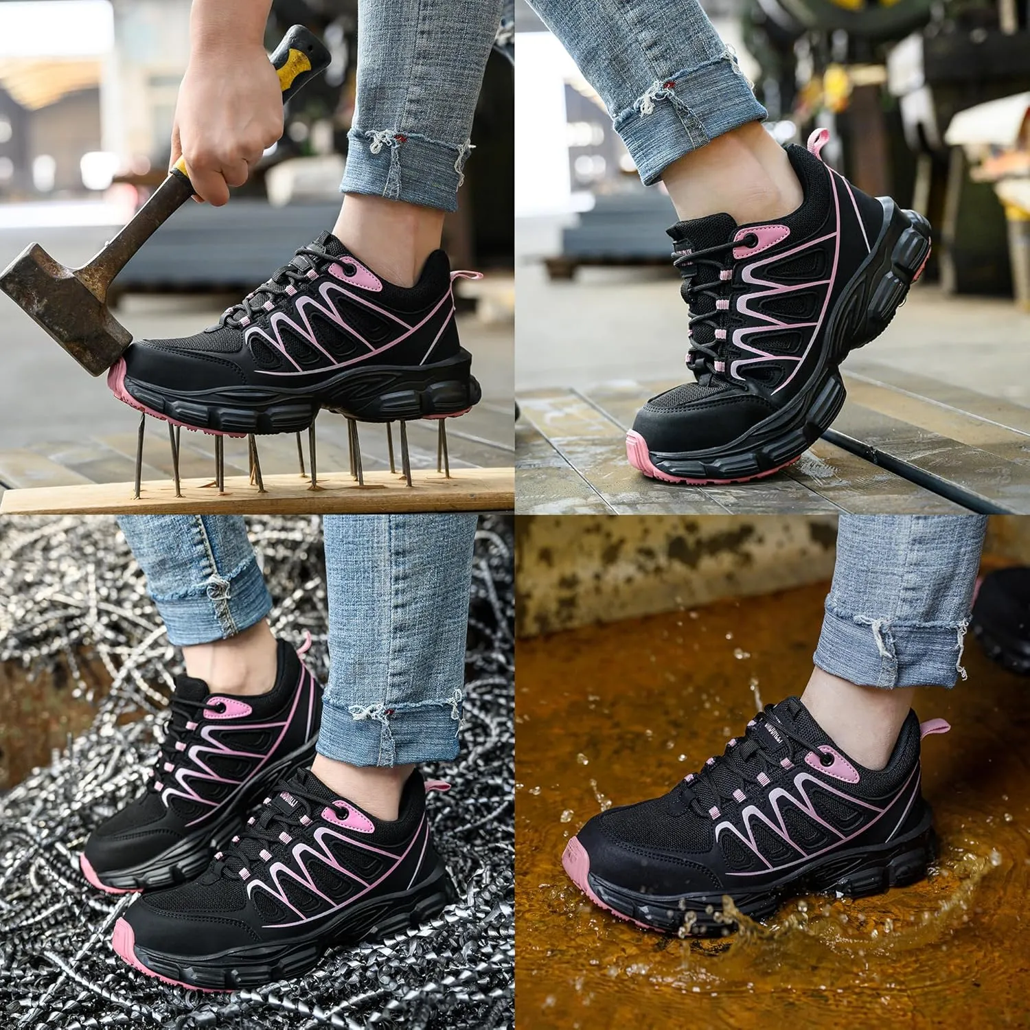 Asiman Steel Toe Shoes for Women Pink Safety Toe Shoes Breathable Lightweight Composite Work Sneakers