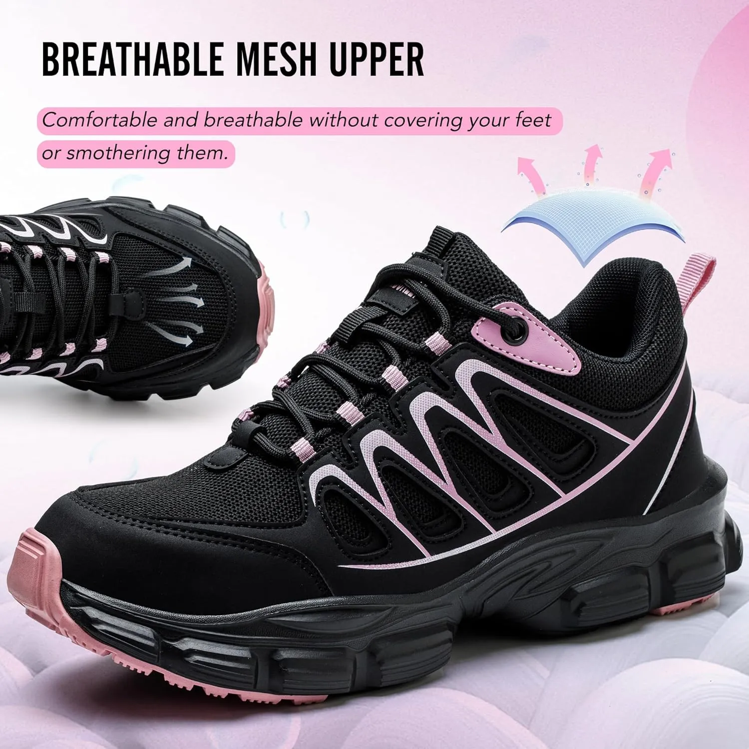 Asiman Steel Toe Shoes for Women Pink Safety Toe Shoes Breathable Lightweight Composite Work Sneakers