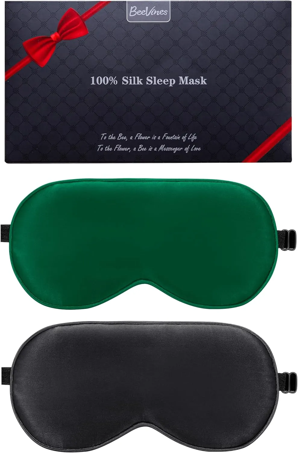 BeeVines Sleep Mask, 2 Pack 100% Real Natural Pure Silk Eye Masks with Adjustable Strap for Sleeping, Mulberry Silk Eye Shade Cover, Blocks Light Reduces Puffy Eyes Traveling Gifts (Black & Green)