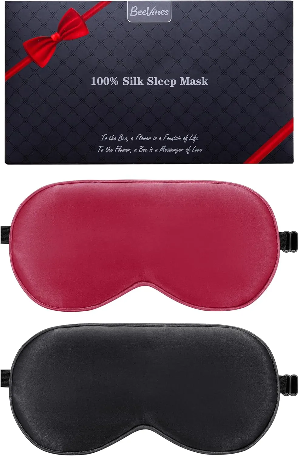 BeeVines Sleep Mask, 2 Pack 100% Real Natural Pure Silk Eye Masks with Adjustable Strap for Sleeping, Mulberry Silk Eye Shade Cover, Blocks Light Reduces Puffy Eyes Traveling Gifts (Black & Red)