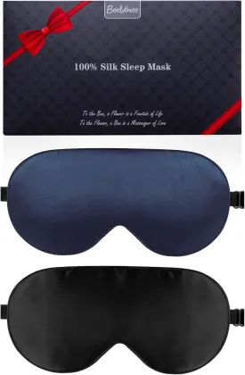 BeeVines Sleep Mask, 2 Pack 100% Real Natural Pure Silk Eye Masks with Adjustable Strap for Sleeping, Mulberry Silk Eye Shade Cover, Blocks Light Reduces Puffy Eyes Traveling Gifts(Black & Blue)