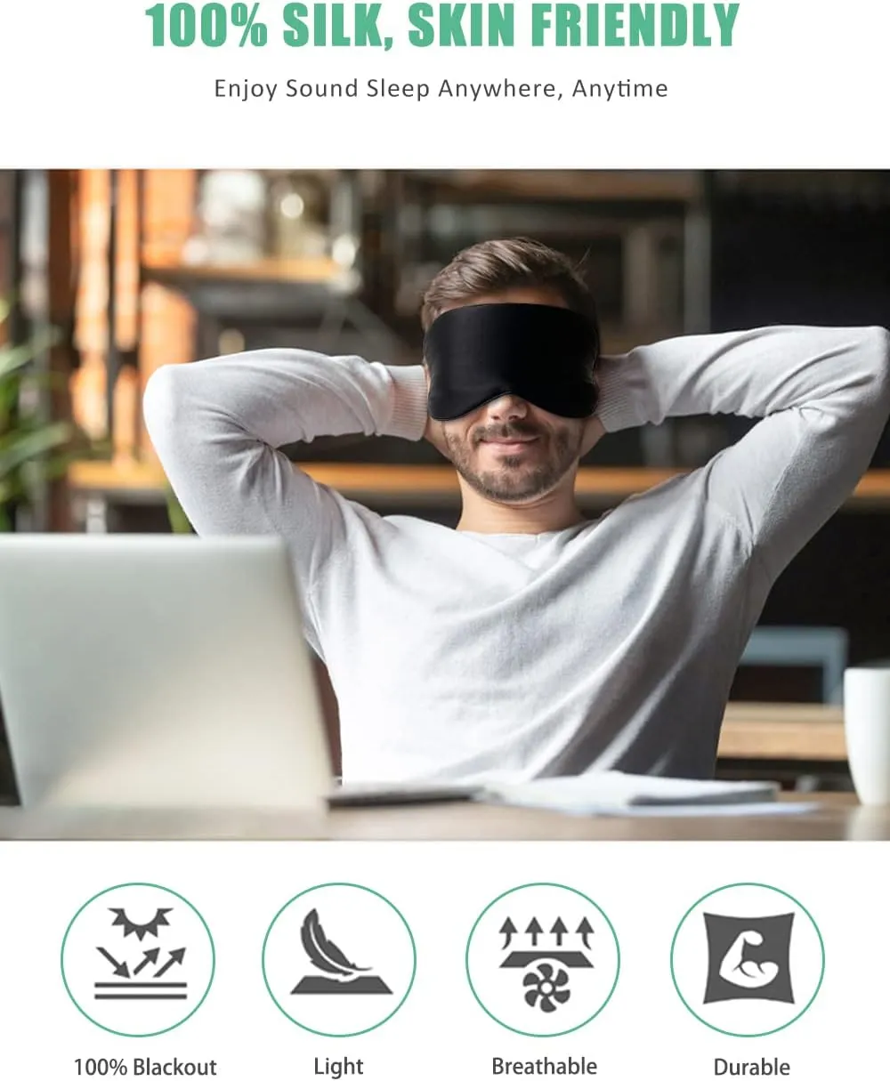 BeeVines Sleep Mask, 2 Pack 100% Real Natural Silk Eye Masks with Adjustable Strap for Sleeping, Mulberry Silk Eye Shade Cover, Blocks Light Reduces Puffy Eyes Traveling Gifts(Black & Galaxy Grey)