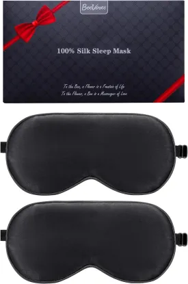 BeeVines Sleep Mask, 2 Pack 100% Real Natural Silk Eye Masks with Adjustable Strap for Sleeping, Mulberry Silk Eye Sleep Shade Cover, Blocks Light Reduces Puffy Eyes Traveling Gifts (Black & Black)