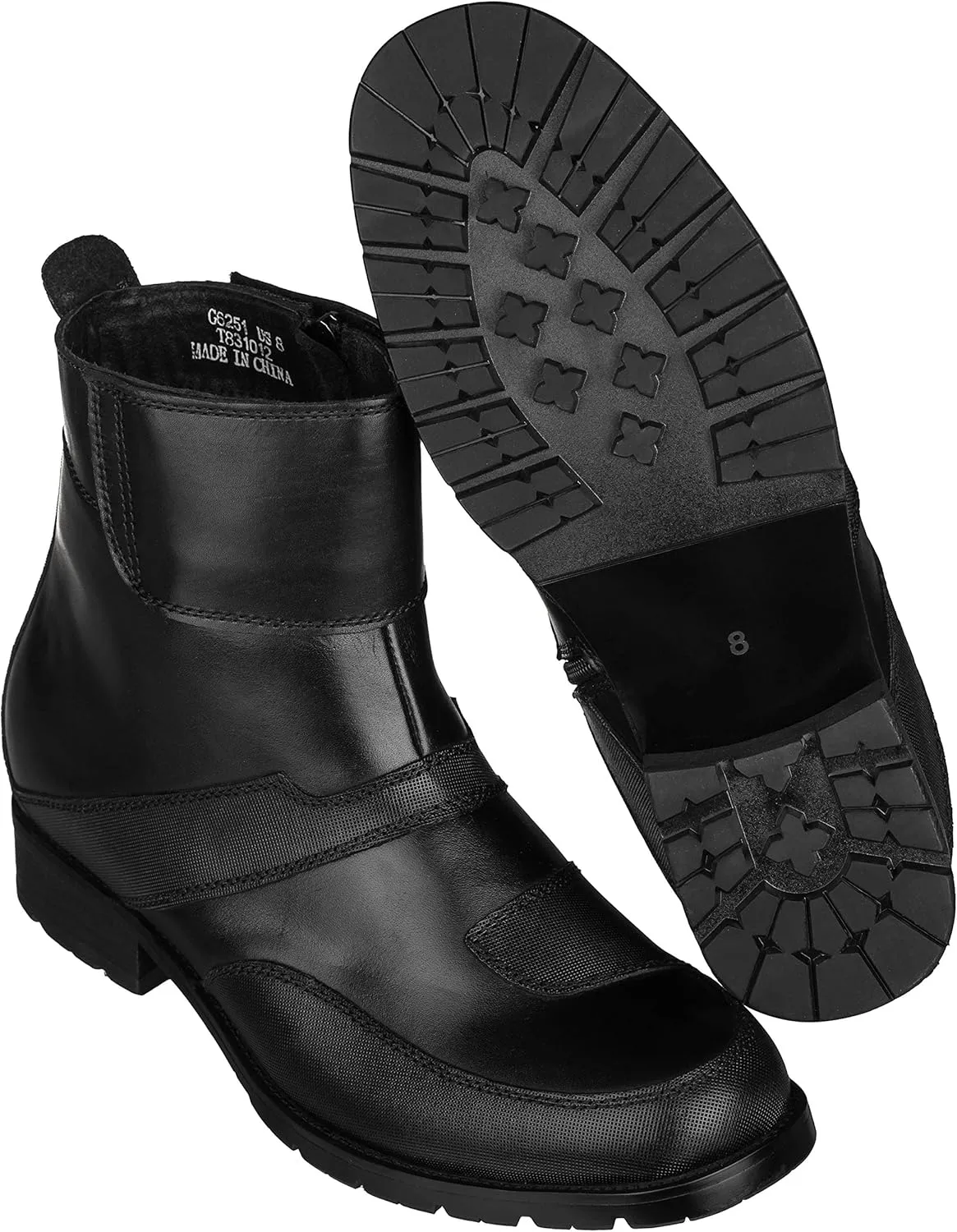 CALTO Men's Invisible Height Increasing Elevator Shoes - Black Leather Zipper High-top Biker Boots - 3.3 Inches Taller - G6251 - Size 9 D(M) US