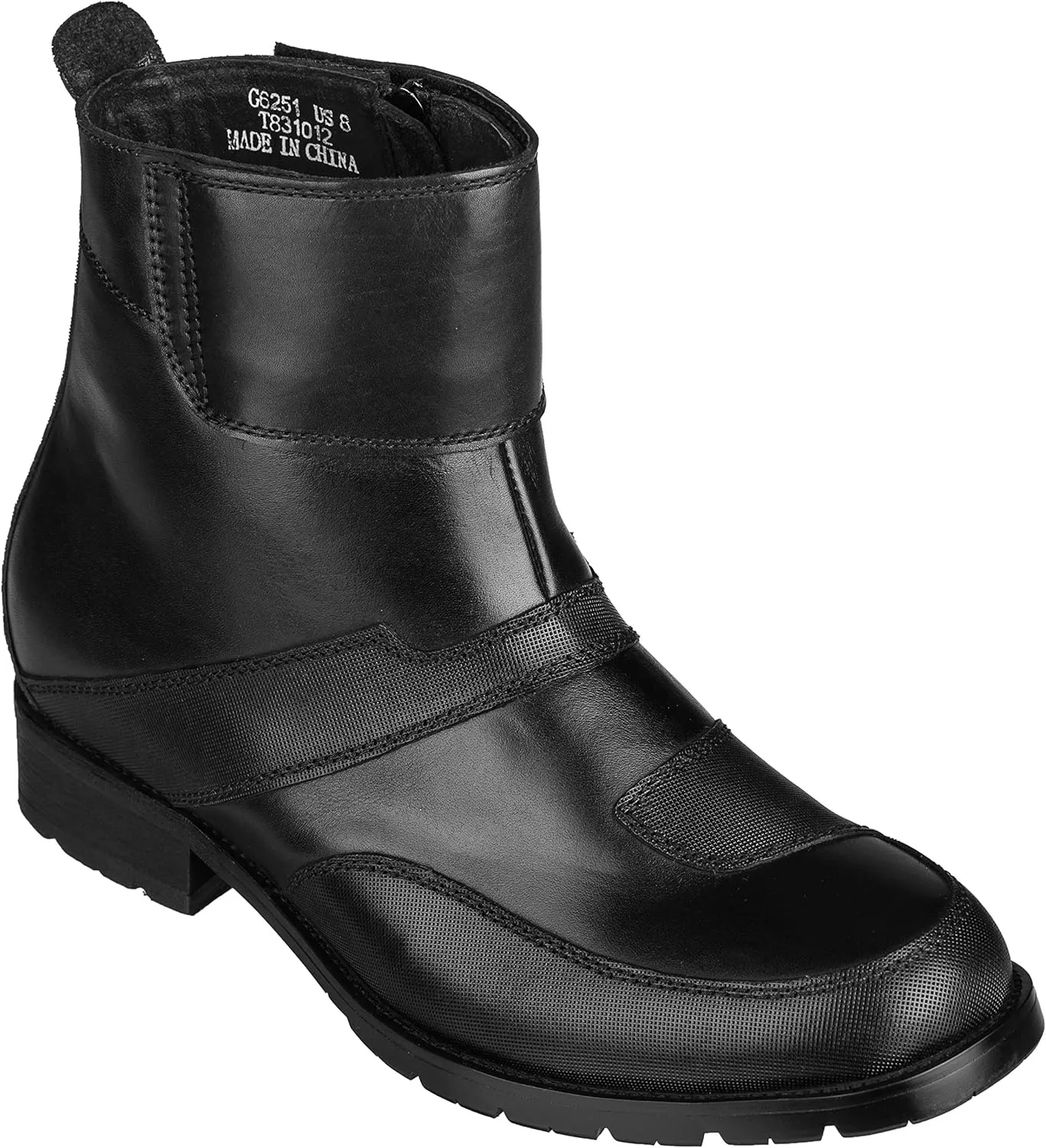 CALTO Men's Invisible Height Increasing Elevator Shoes - Black Leather Zipper High-top Biker Boots - 3.3 Inches Taller - G6251 - Size 9 D(M) US
