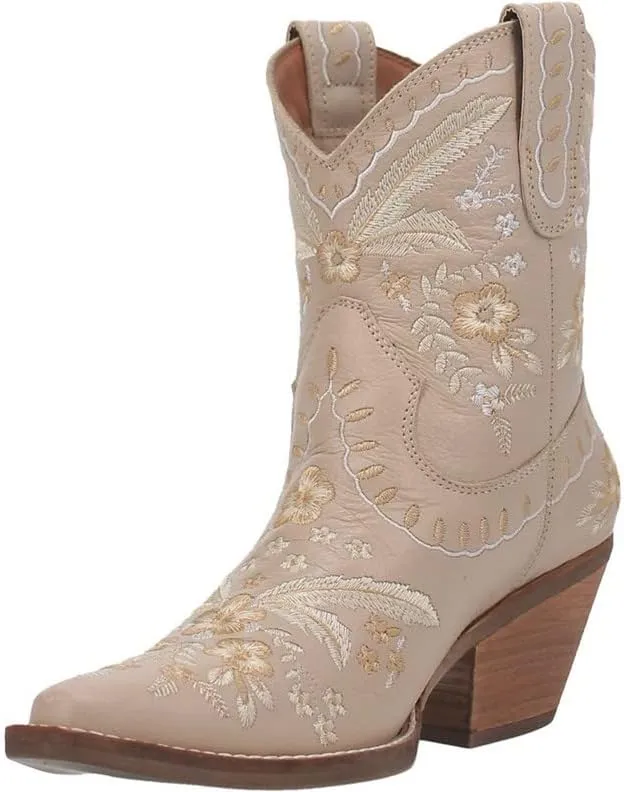 Dingo Womens Primrose Embroidered Floral Snip Toe Casual Boots Ankle Mid Heel 2-3" - Black