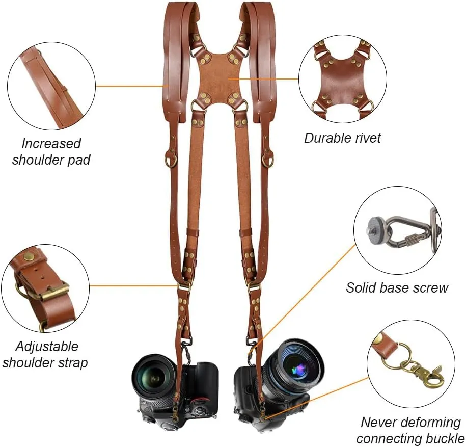 Double Camera Harness, Adjustable Camera Straps for Photographers, Dual Camera Strap Accessories for 2 Cameras (Brown)
