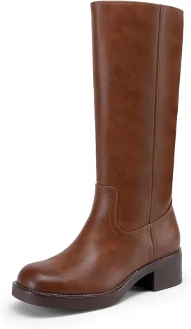 DREAM PAIRS Womens Knee High Boots Square Toe Platform Chunky Block Heel Banana Campus Boots for Women Comfortable Low Heel Side Zipper Womens Riding Tall Boots