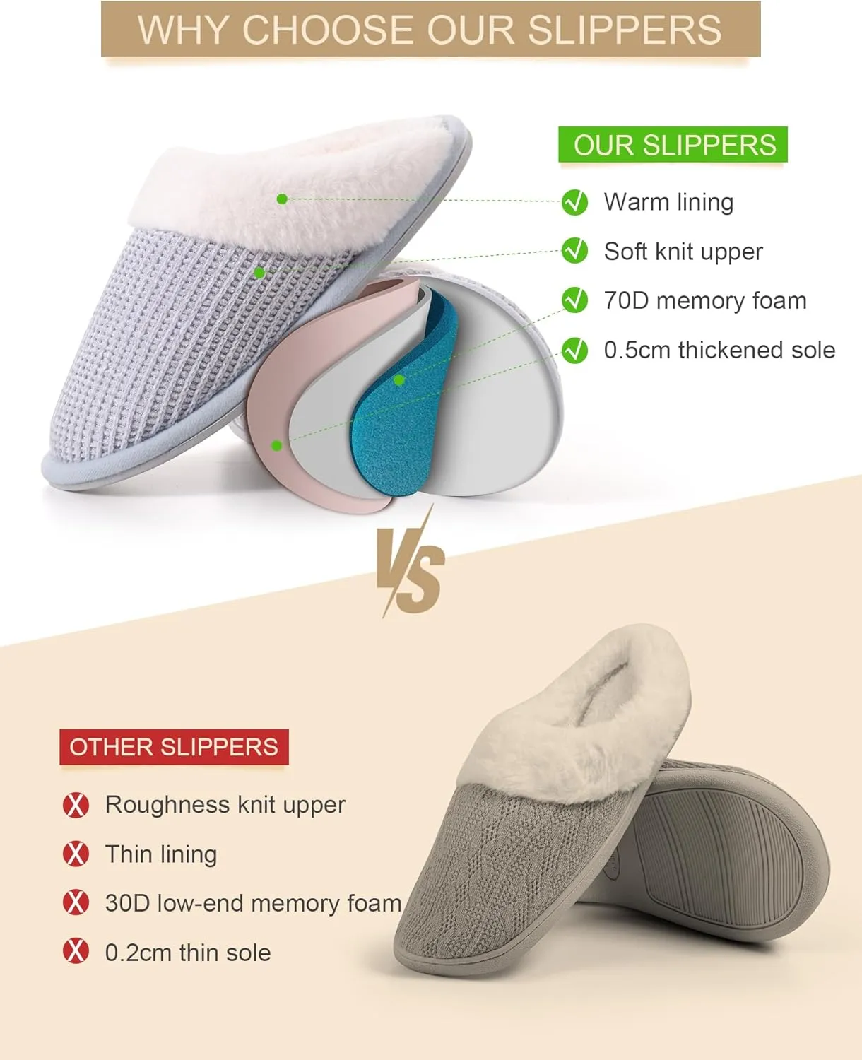 DULCET Slippers for Women,Memory Foam with Fuzzy Collar Indoor House Slippers Bedroom Non-slip Plush Slippers.