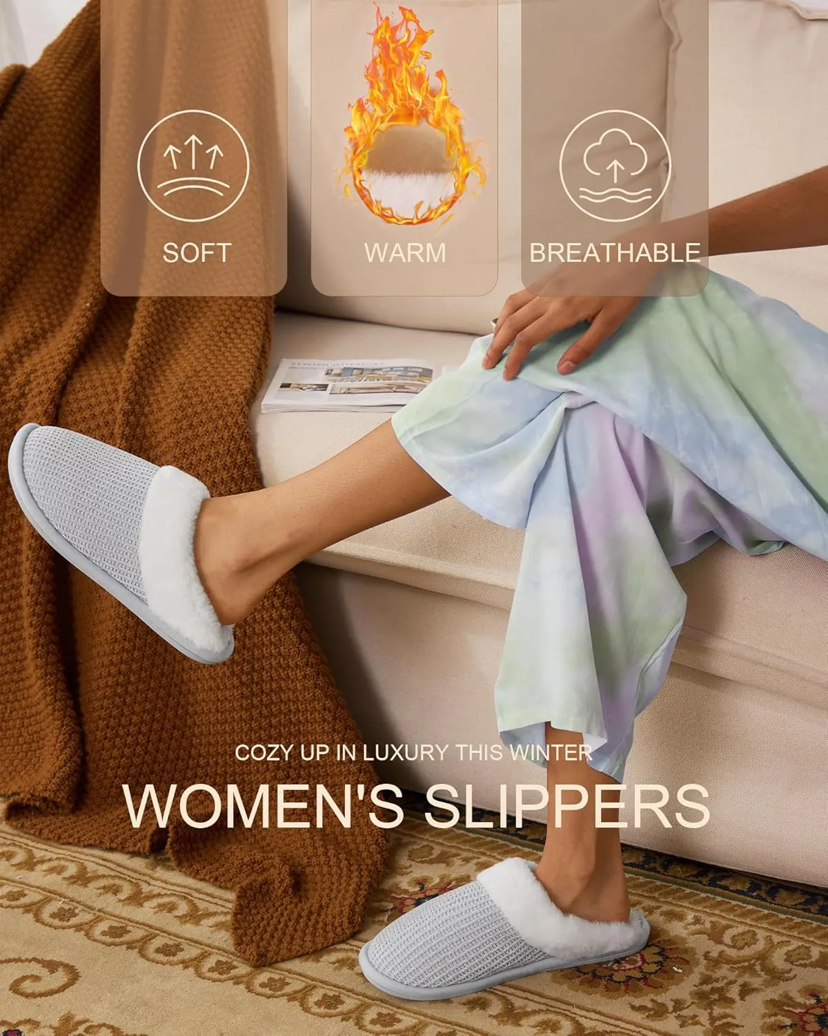DULCET Slippers for Women,Memory Foam with Fuzzy Collar Indoor House Slippers Bedroom Non-slip Plush Slippers.