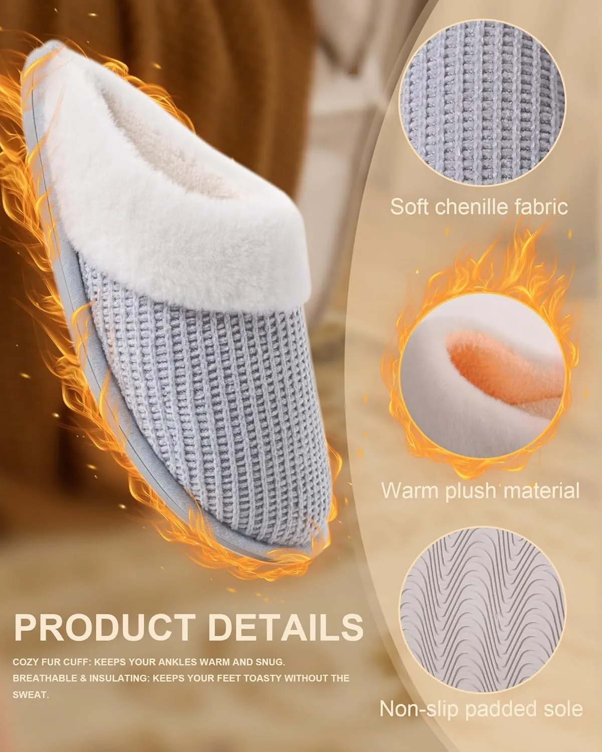 DULCET Slippers for Women,Memory Foam with Fuzzy Collar Indoor House Slippers Bedroom Non-slip Plush Slippers.
