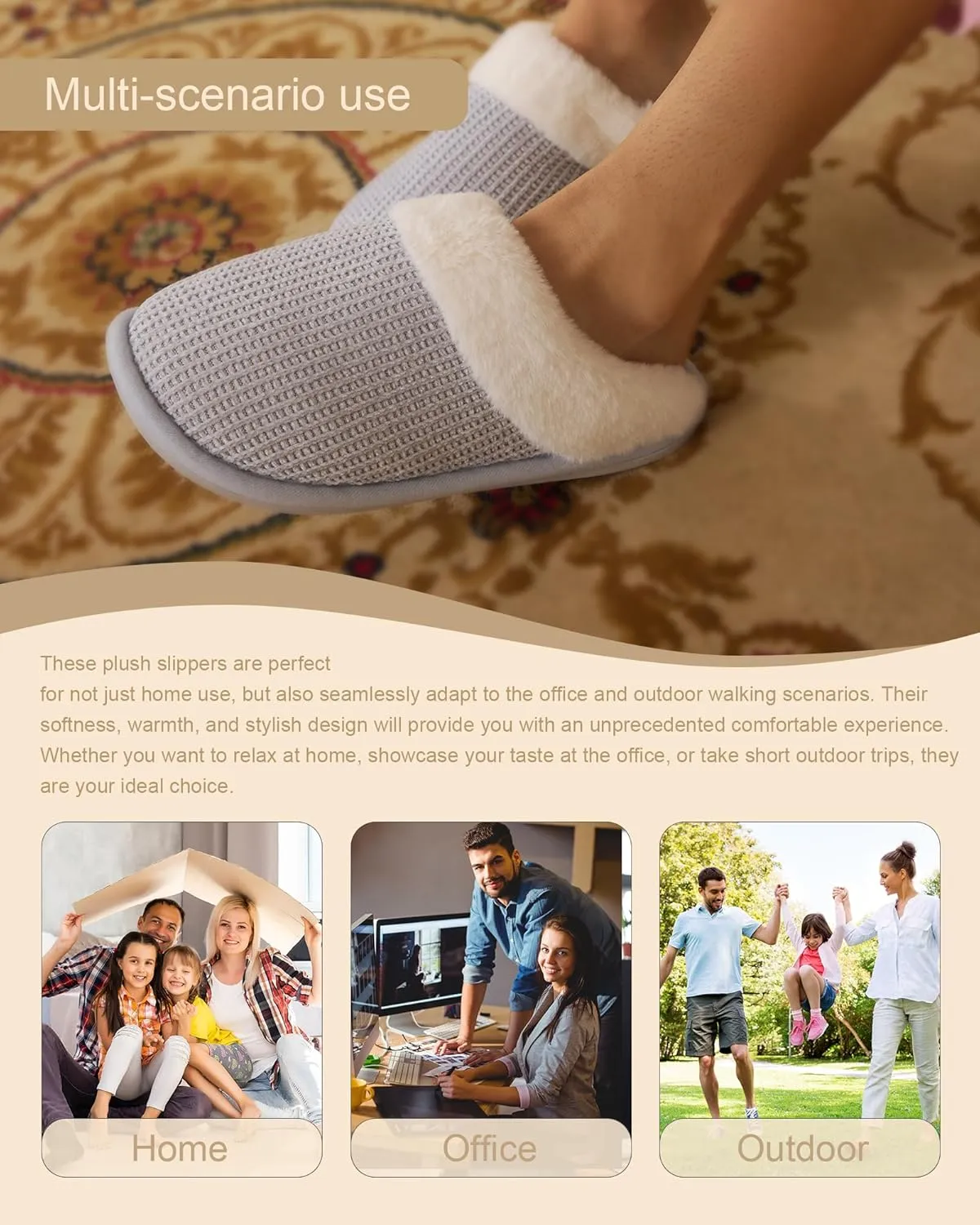 DULCET Slippers for Women,Memory Foam with Fuzzy Collar Indoor House Slippers Bedroom Non-slip Plush Slippers.