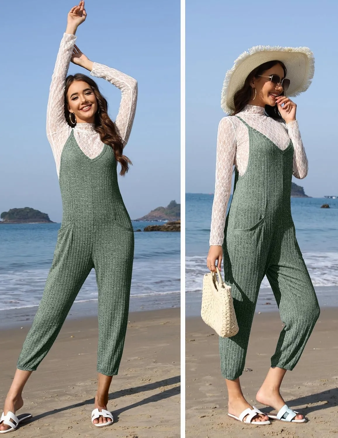 Ekouaer Jumpsuits for Women Sleeveless Spaghetti Strap Ribbed Overall Jumpsuit V Neck Summer Romper with Pockets 2025