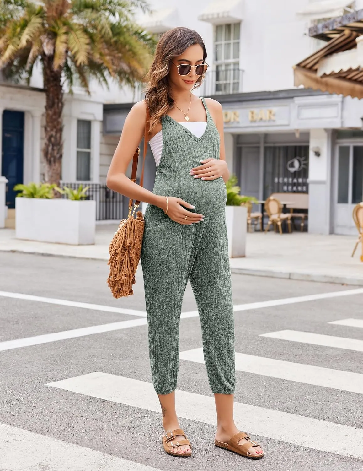 Ekouaer Jumpsuits for Women Sleeveless Spaghetti Strap Ribbed Overall Jumpsuit V Neck Summer Romper with Pockets 2025