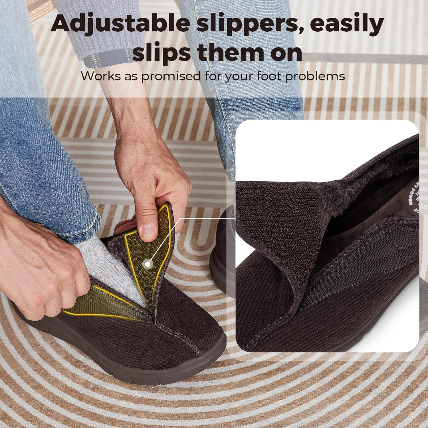 FitVille Diabetic Shoes for Men Extra Wide Width Adjustable Straps Men's Diabetic Shoes with Warm Fur Lining Diabetic Slippers for Men Extra Wide Width Foot Pain Relief Neuropathy