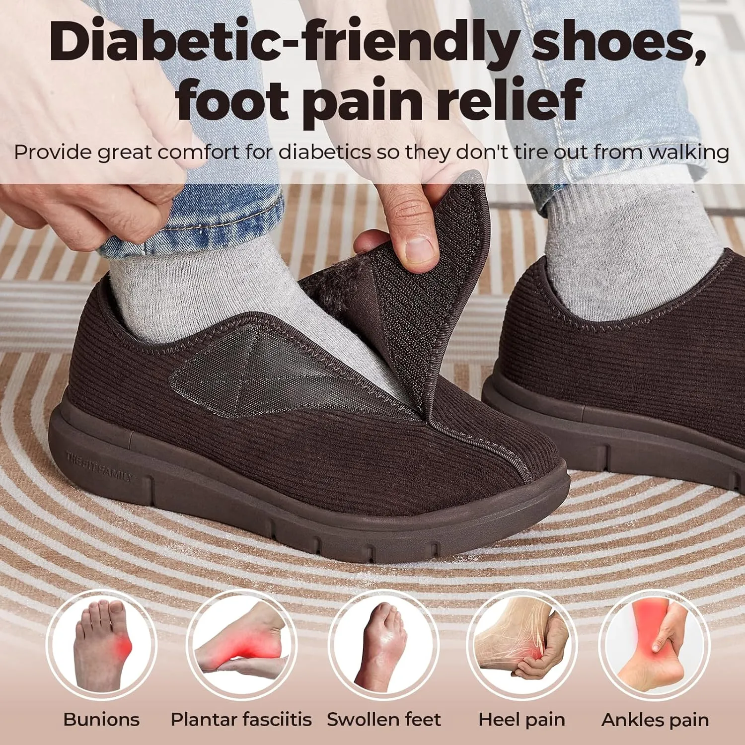 FitVille Diabetic Shoes for Men Extra Wide Width Adjustable Straps Men's Diabetic Shoes with Warm Fur Lining Diabetic Slippers for Men Extra Wide Width Foot Pain Relief Neuropathy