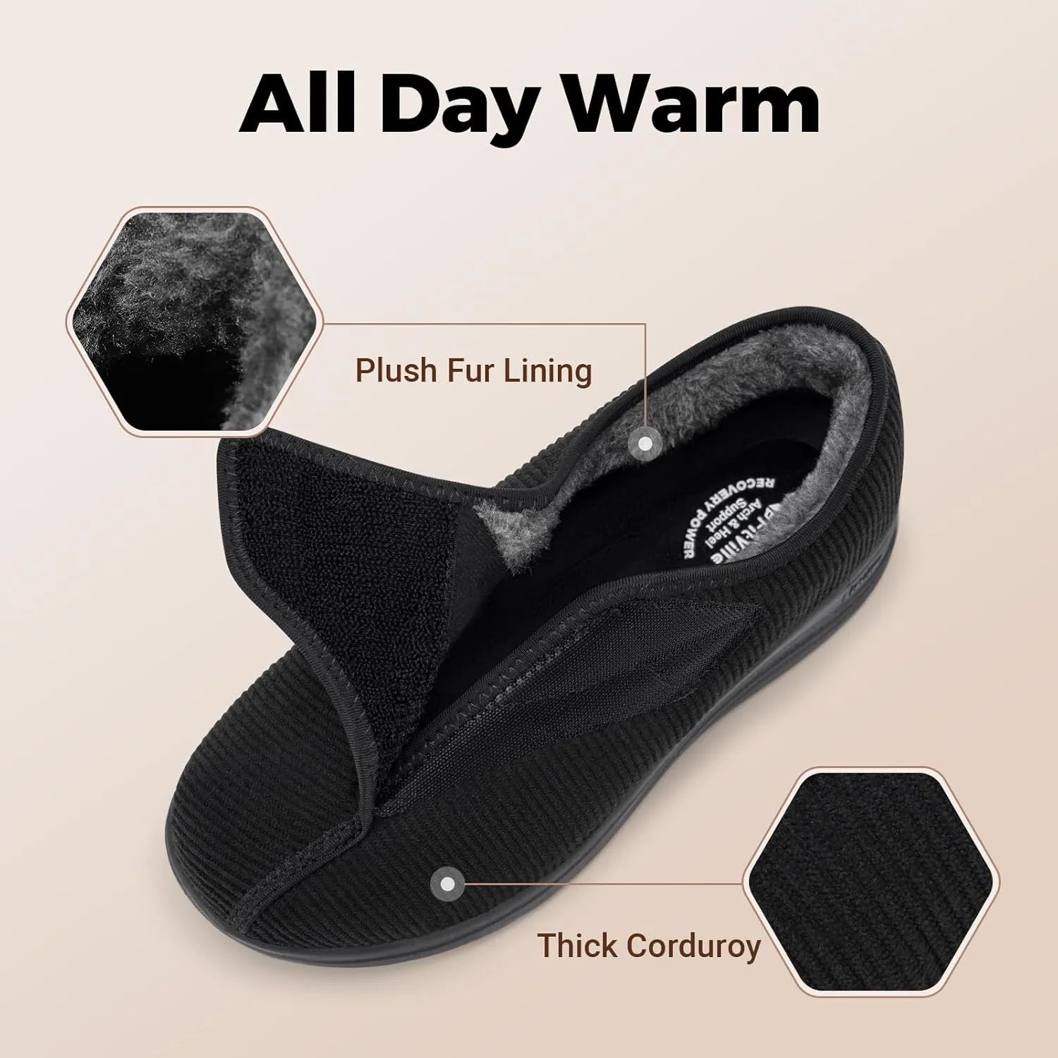 FitVille Diabetic Shoes for Women Wide Width Adjustable Straps with Warm Fur Lining - Diabetic Slippers for Foot Pain Relief and Swollen Feet