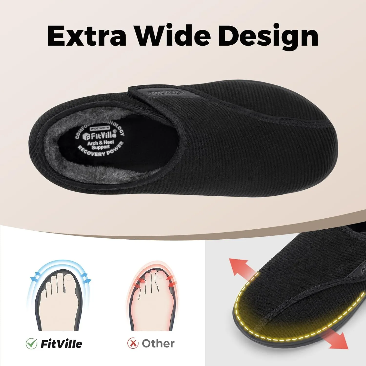 FitVille Diabetic Shoes for Women Wide Width Adjustable Straps with Warm Fur Lining - Diabetic Slippers for Foot Pain Relief and Swollen Feet