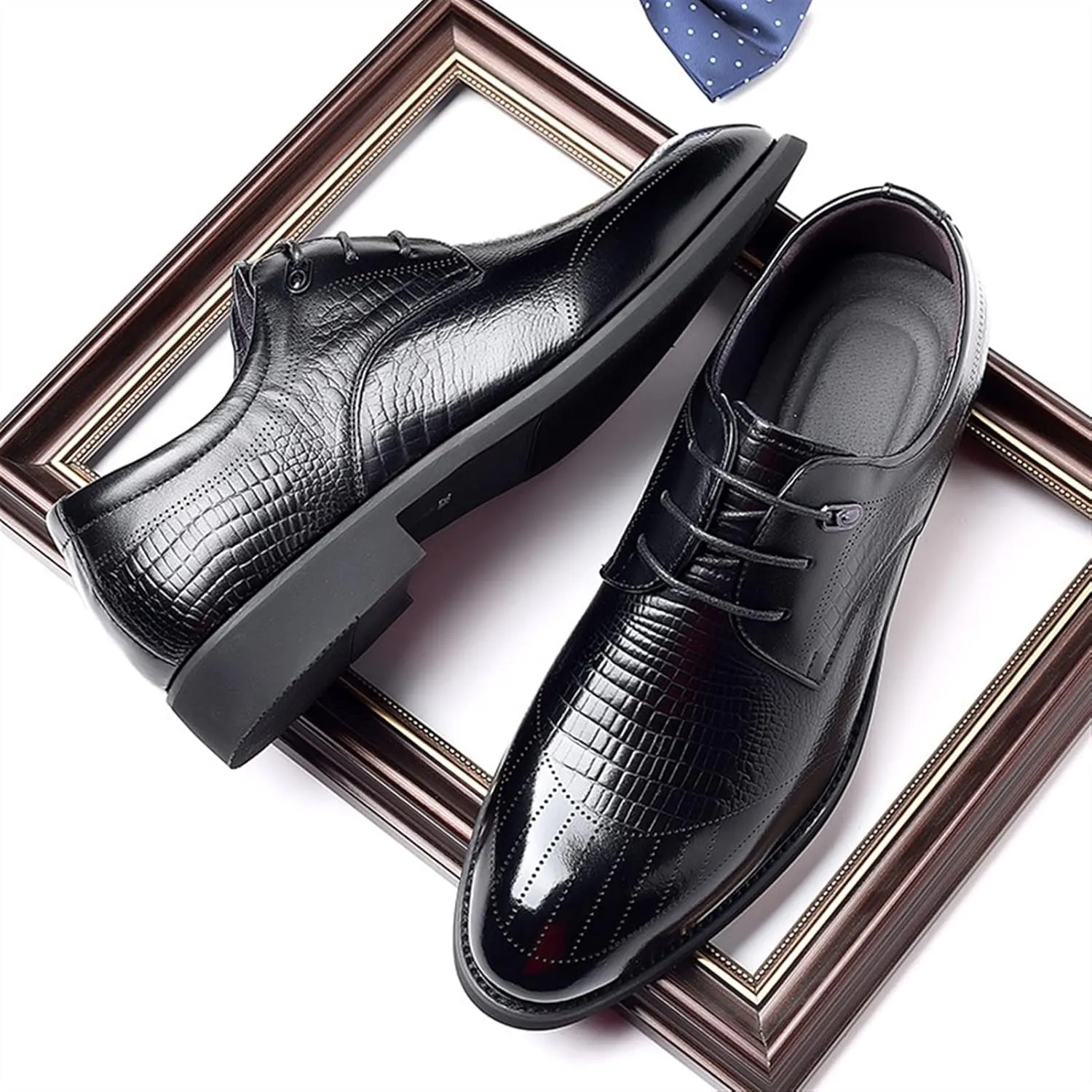 Formal Shoes Dress Oxford for Men Lace Up Crocodile Print Height Increasing Elevator 2.3inch Leather Block Heel Anti-Slip Low Top Non Slip Classic Suitable for Many Occasions.