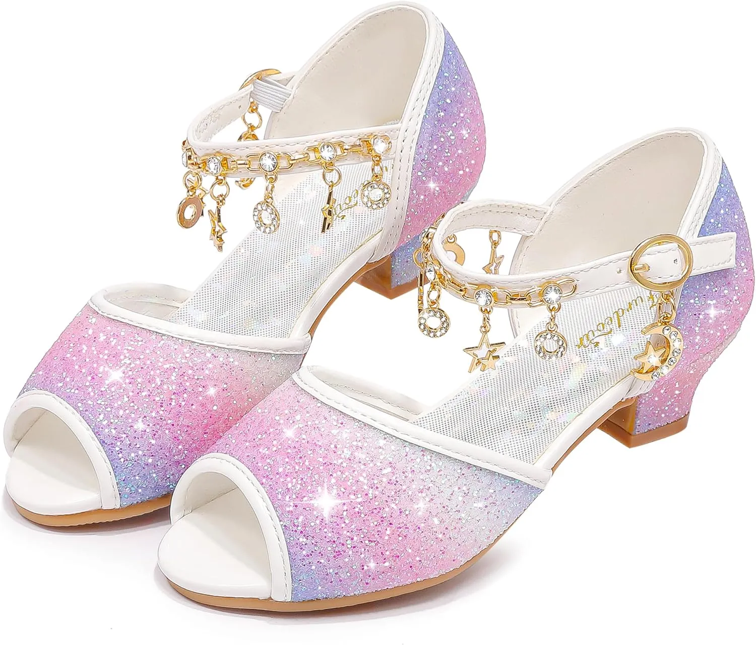 Furdeour Sparkly Girls Dress Shoes Princess Shoes High Heels Peep Toe Low Heel Glitter Toddler Big Kid Wedding Party