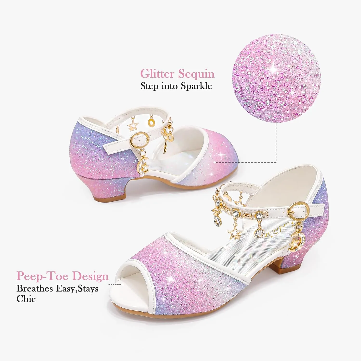 Furdeour Sparkly Girls Dress Shoes Princess Shoes High Heels Peep Toe Low Heel Glitter Toddler Big Kid Wedding Party