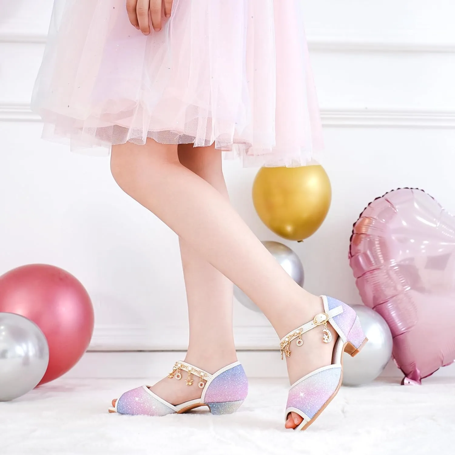 Furdeour Sparkly Girls Dress Shoes Princess Shoes High Heels Peep Toe Low Heel Glitter Toddler Big Kid Wedding Party