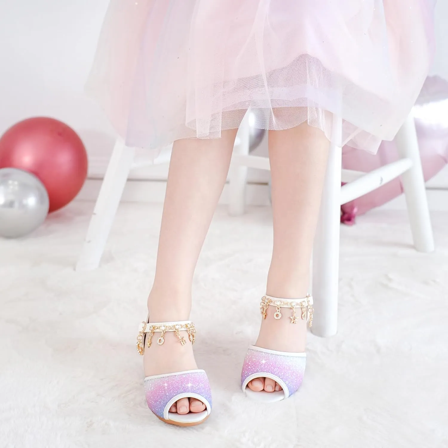 Furdeour Sparkly Girls Dress Shoes Princess Shoes High Heels Peep Toe Low Heel Glitter Toddler Big Kid Wedding Party