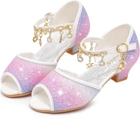 Furdeour Sparkly Girls Dress Shoes Princess Shoes High Heels Peep Toe Low Heel Glitter Toddler Big Kid Wedding Party
