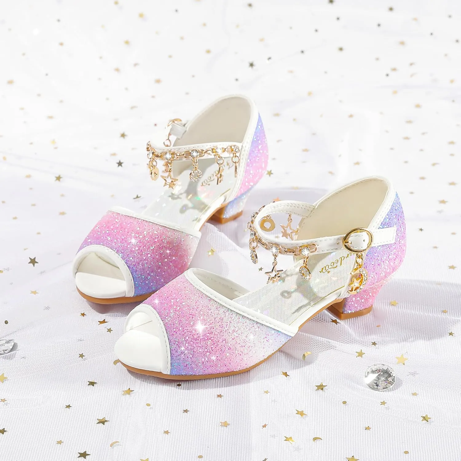 Furdeour Sparkly Girls Dress Shoes Princess Shoes High Heels Peep Toe Low Heel Glitter Toddler Big Kid Wedding Party
