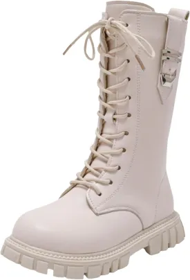 Girl's Knee High Boots Lace Up Side Zipper Combat Boots Faux Leather Non Slip Riding Boots Lug Sole Chunky Heels Shoes