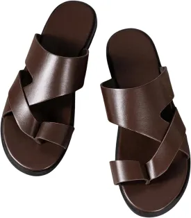 GORGLITTER Men's Beach Leather Sandals 2025 Slide Footwear Round Flip Flops Pu Slip On Slippers