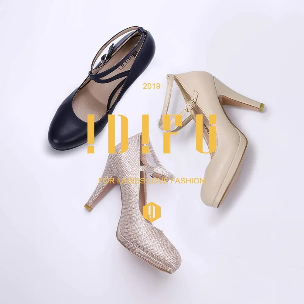 IDIFU Women's Tracy Platform High Heels Closed Toe Pumps Strappy Cross Ankle Strap Shoes for Casual Work Wedding