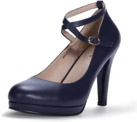 IDIFU Women's Tracy Platform High Heels Closed Toe Pumps Strappy Cross Ankle Strap Shoes for Casual Work Wedding