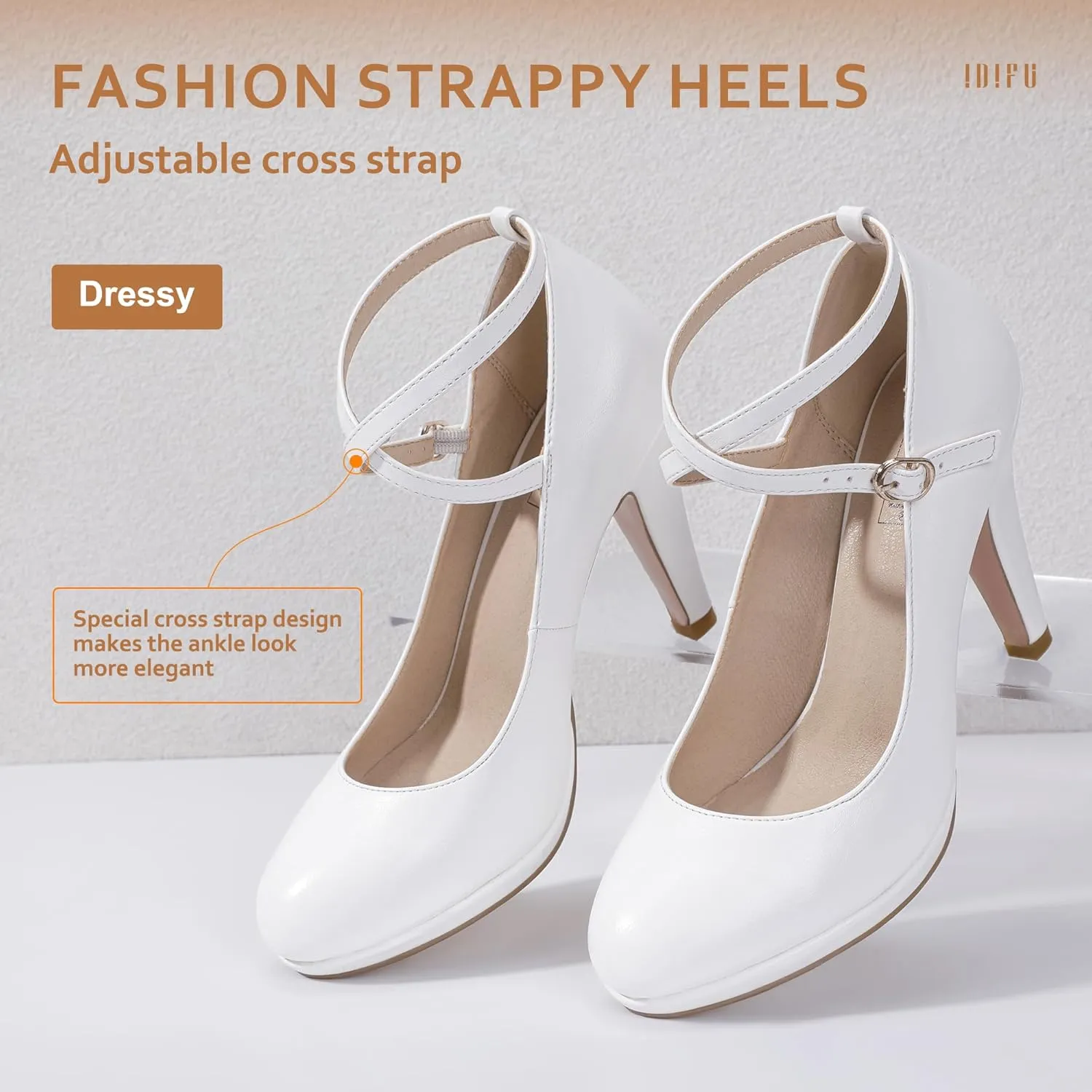 IDIFU Women's Tracy Platform High Heels Closed Toe Pumps Strappy Cross Ankle Strap Shoes for Casual Work Wedding