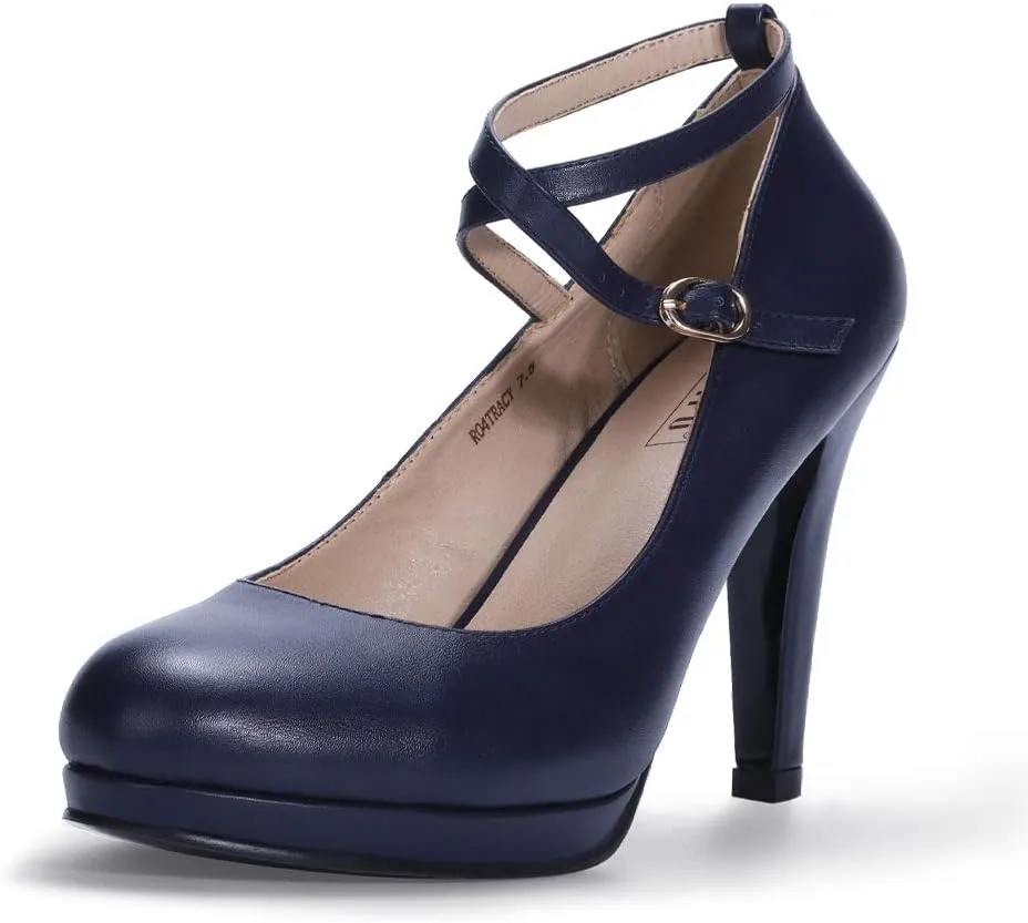 IDIFU Women's Tracy Platform High Heels Closed Toe Pumps Strappy Cross Ankle Strap Shoes for Casual Work Wedding