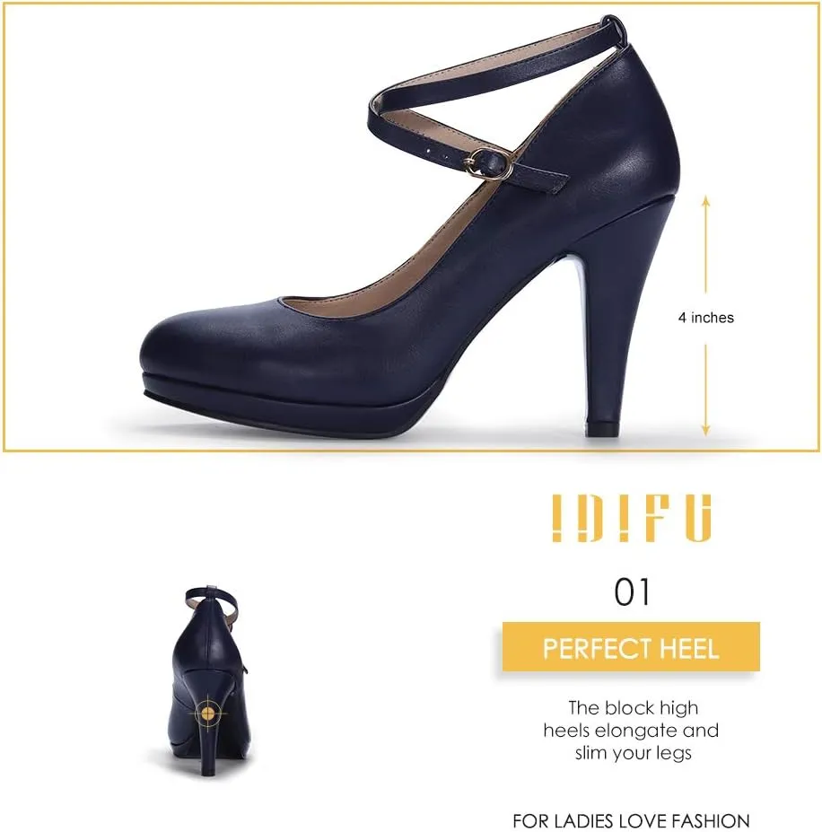 IDIFU Women's Tracy Platform High Heels Closed Toe Pumps Strappy Cross Ankle Strap Shoes for Casual Work Wedding