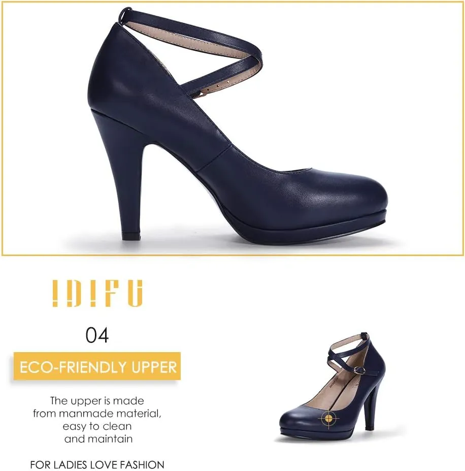 IDIFU Women's Tracy Platform High Heels Closed Toe Pumps Strappy Cross Ankle Strap Shoes for Casual Work Wedding