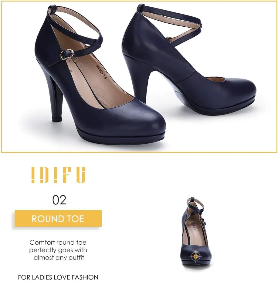 IDIFU Women's Tracy Platform High Heels Closed Toe Pumps Strappy Cross Ankle Strap Shoes for Casual Work Wedding