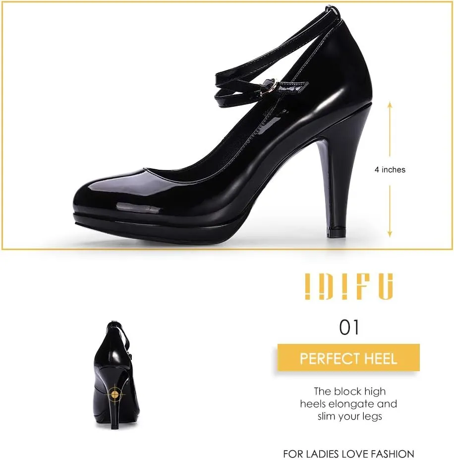 IDIFU Women's Tracy Platform High Heels Closed Toe Pumps Strappy Cross Ankle Strap Shoes for Casual Work Wedding