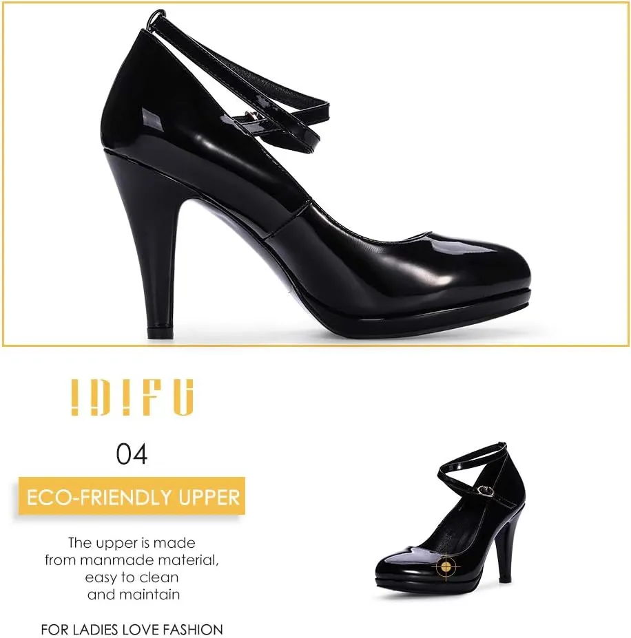 IDIFU Women's Tracy Platform High Heels Closed Toe Pumps Strappy Cross Ankle Strap Shoes for Casual Work Wedding