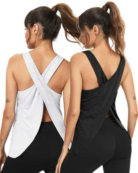 LYHNMW Open Back Workout Top Backless Yoga Shirts Tie Back Workout Tank Activewear Shirts Exercise Yoga Tank Tops (1-3Pack)