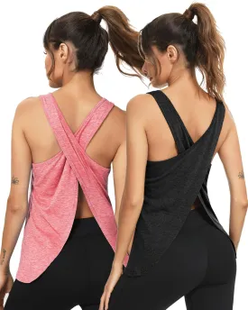 LYHNMW Open Back Workout Top Backless Yoga Shirts Tie Back Workout Tank Activewear Shirts Exercise Yoga Tank Tops (1-3Pack)