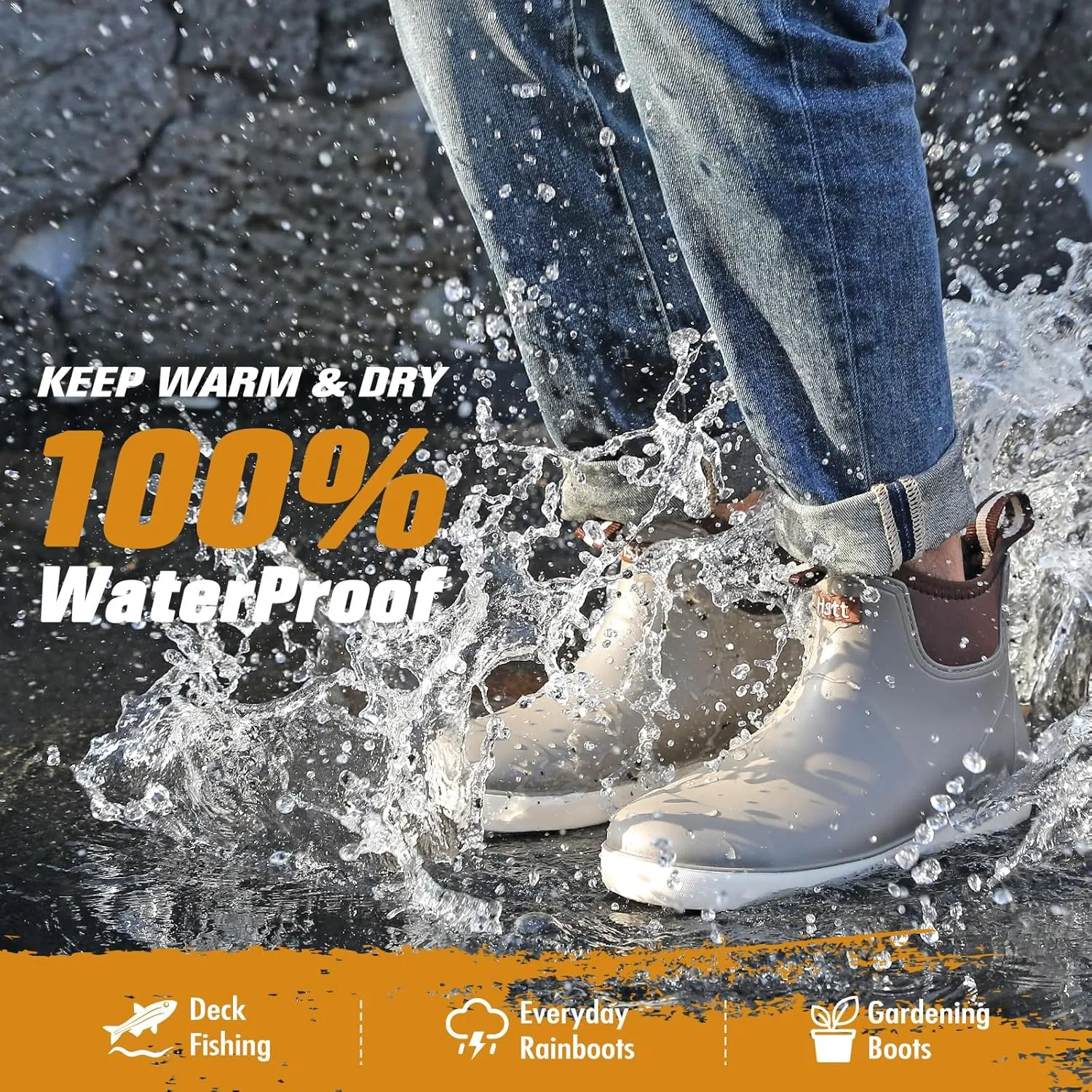 Mens Deck Boots, Deck Shoes Waterproof Rain Boots, Saltwater Fishing Ankle Boots, Non-Slip Rubber Garden Muck Boots for Gardening Boating Camping Sailing Fishing