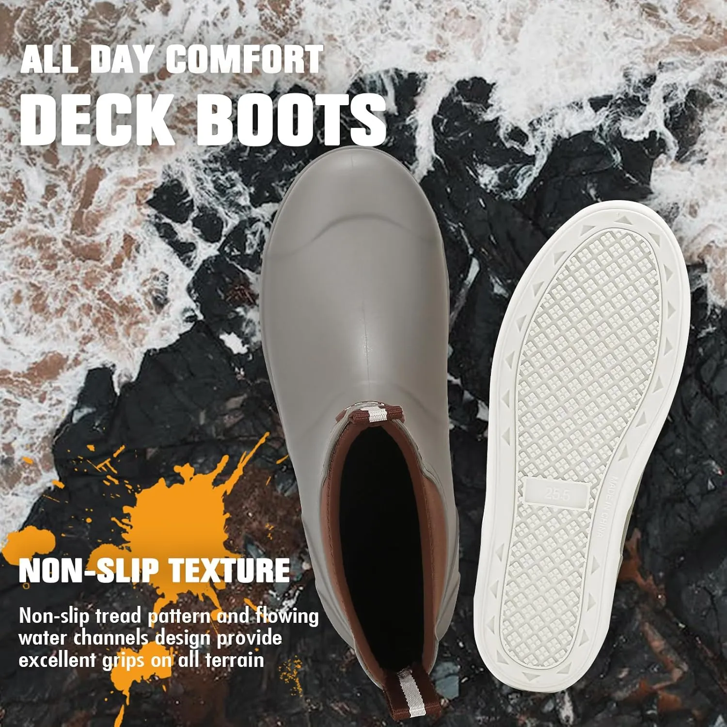Mens Deck Boots, Deck Shoes Waterproof Rain Boots, Saltwater Fishing Ankle Boots, Non-Slip Rubber Garden Muck Boots for Gardening Boating Camping Sailing Fishing