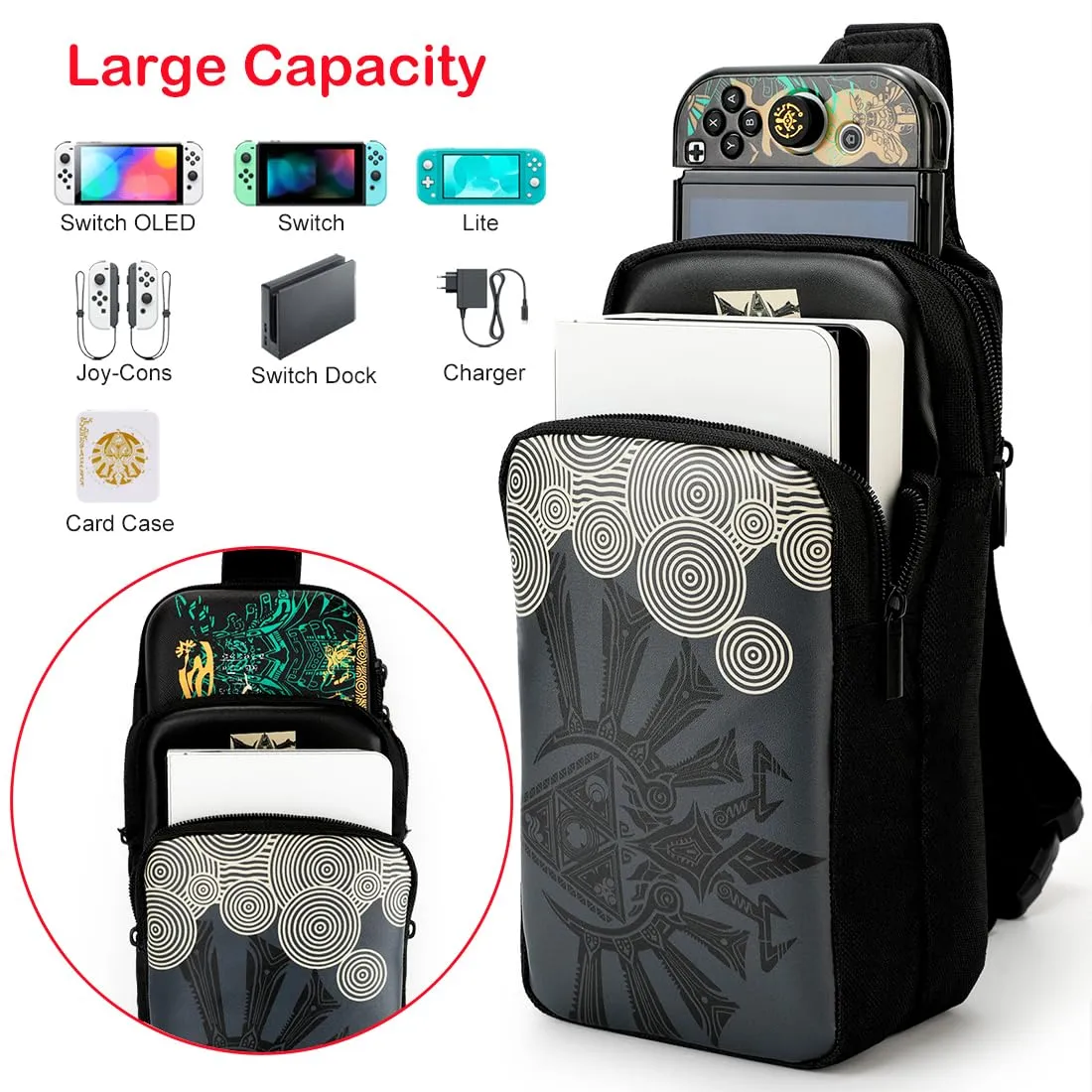 Owngen Travel Bag for Nintendo Switch/Lite/OLED, for Zelda Tears of the Kingdom Portable Sling Shoulder Crossbody Carrying Storage Accessories Backpack with Cute Game Card Case, 4 Thumb Grip Caps