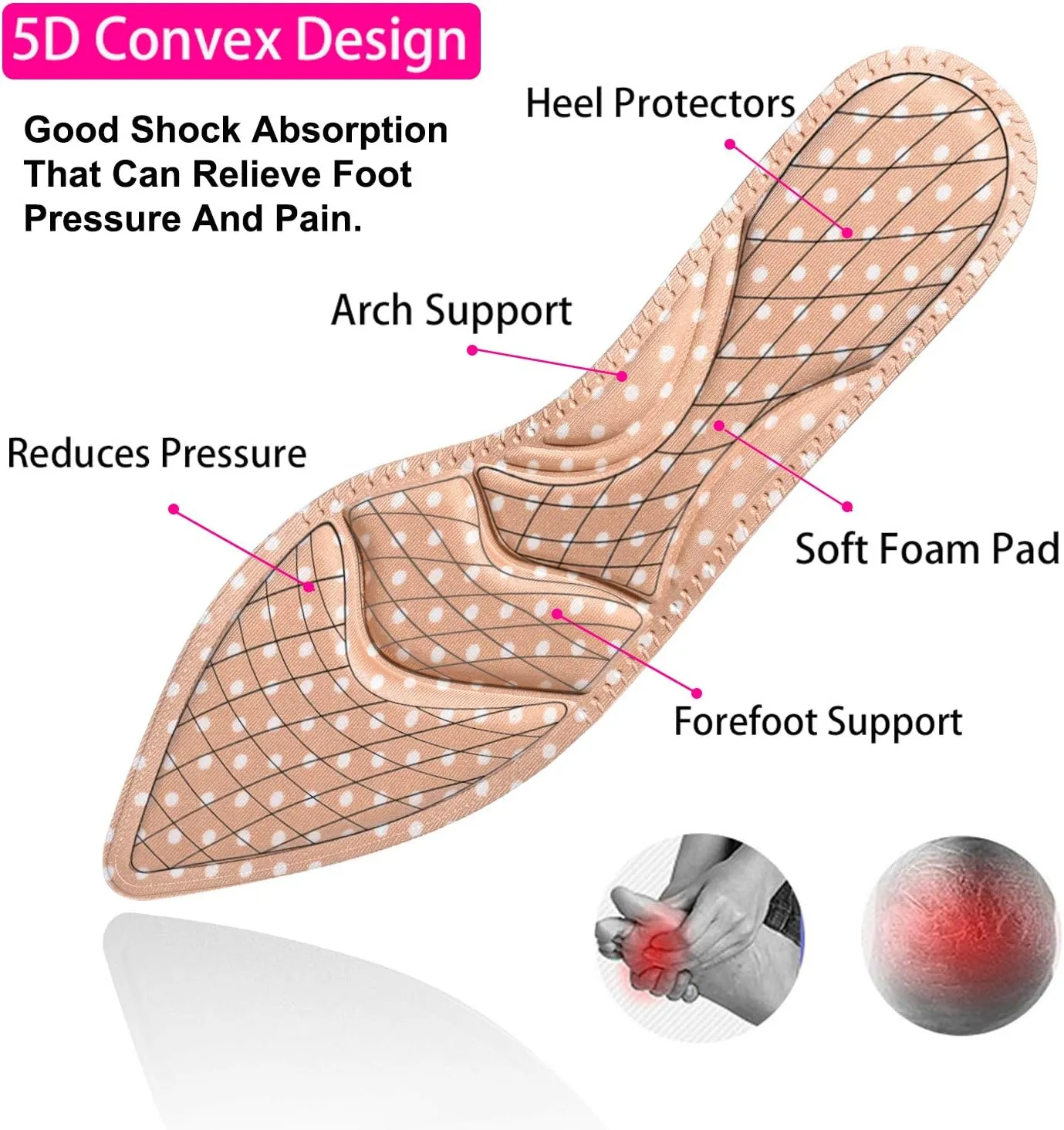 Shoe Inserts, Shoe Insoles Women, High Heel Insoles, (2 Pairs Beige) Shoe Cushion Inserts Breathable, 5D Sponge Barefoot Comfort Insoles, for Massaging, Arch Pain and Foot Pain Relieve